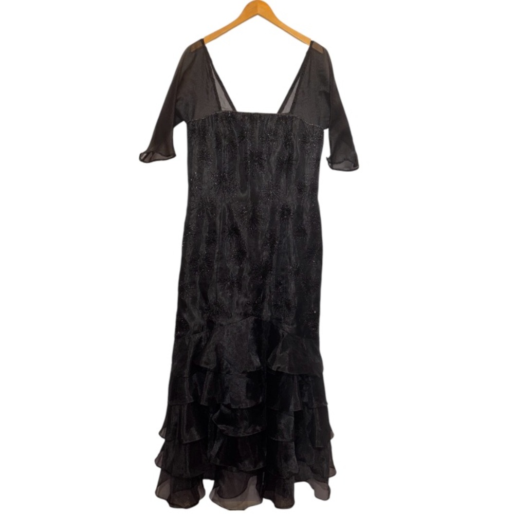 Lara design Black Formal Beaded Dress with Sheer Sleeves and Ruffles